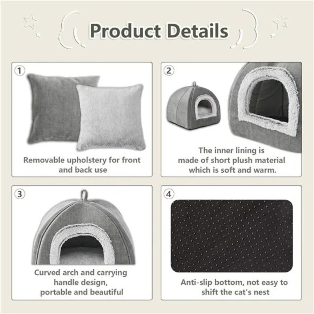 Cat Bed Cave Indoor Cat Tent Small Pets Soft Warm Foldable Washable Grey 15 Inch
